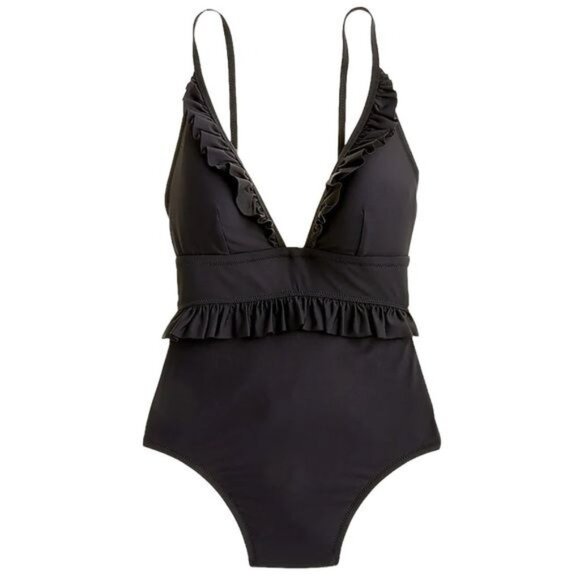 J. Crew Other - J. Crew Long Torso Ruffle Deep V One Piece Swimsuit Size 0 Black NWT
